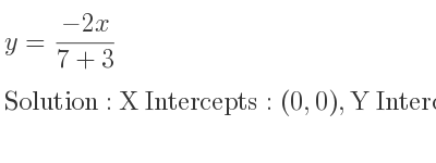 The y=(-2x)/(7+3) is X Intercepts: (0,0),Y Intercepts: (0,0)